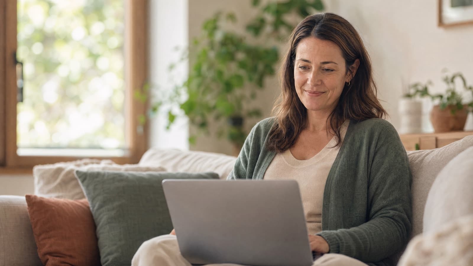 A woman in her early forties smiling gently during a video call at home in warm natural light