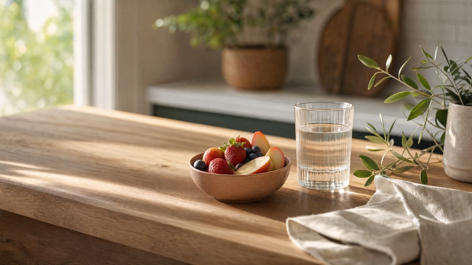 Soft natural light over a kitchen counter with a glass of water and fresh produce
