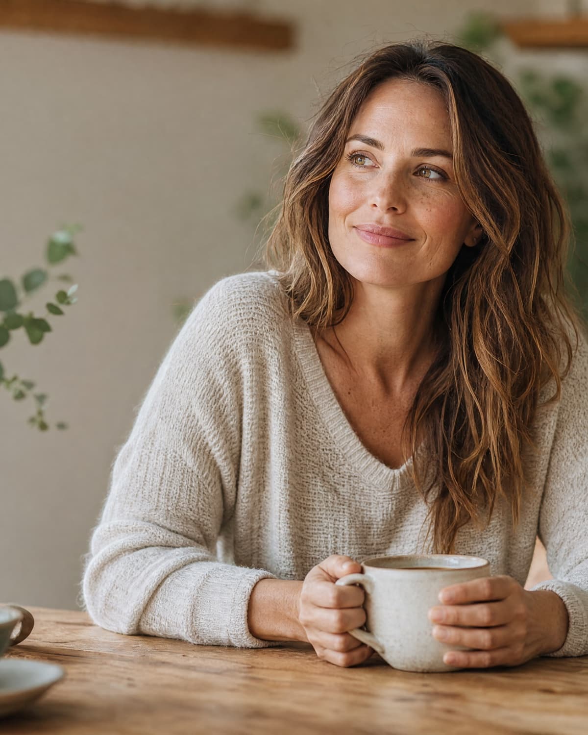 Valerie at home, relaxed with a cup of tea in soft natural light